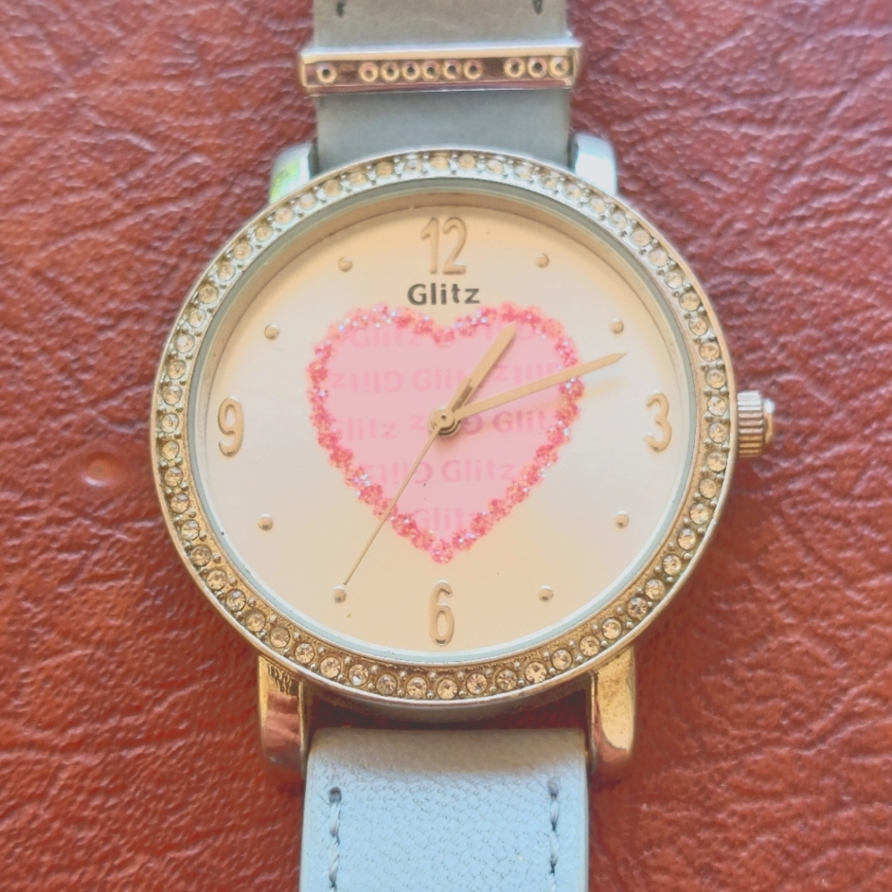 Glitz Rhinestone Heart Watch - Light Blue Band, Working